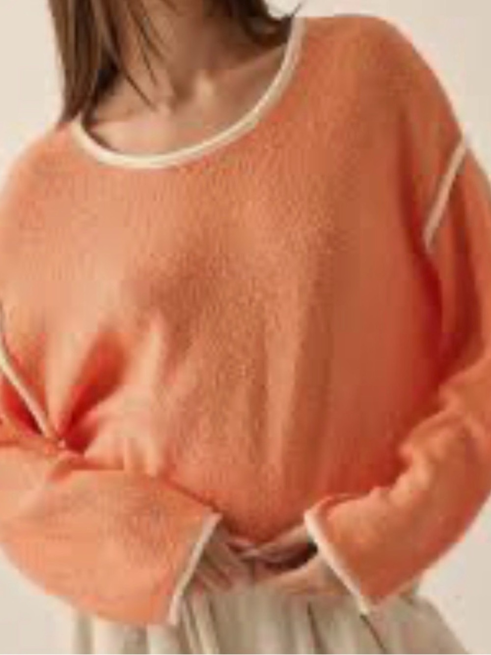 🧡Fantastic Fawn Coral-Orange Crewneck Sweater with Cream Trim-Small🧡